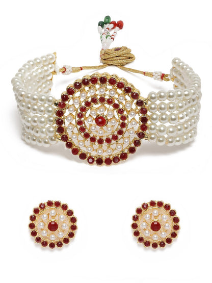 Women's Gold Plated Maroon Light Weight Pearl Beaded Choker Necklace Set