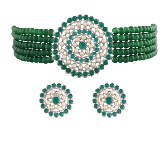 Women's Rhodium Plated Green Light Weight Pearl Beaded Choker Necklace Set