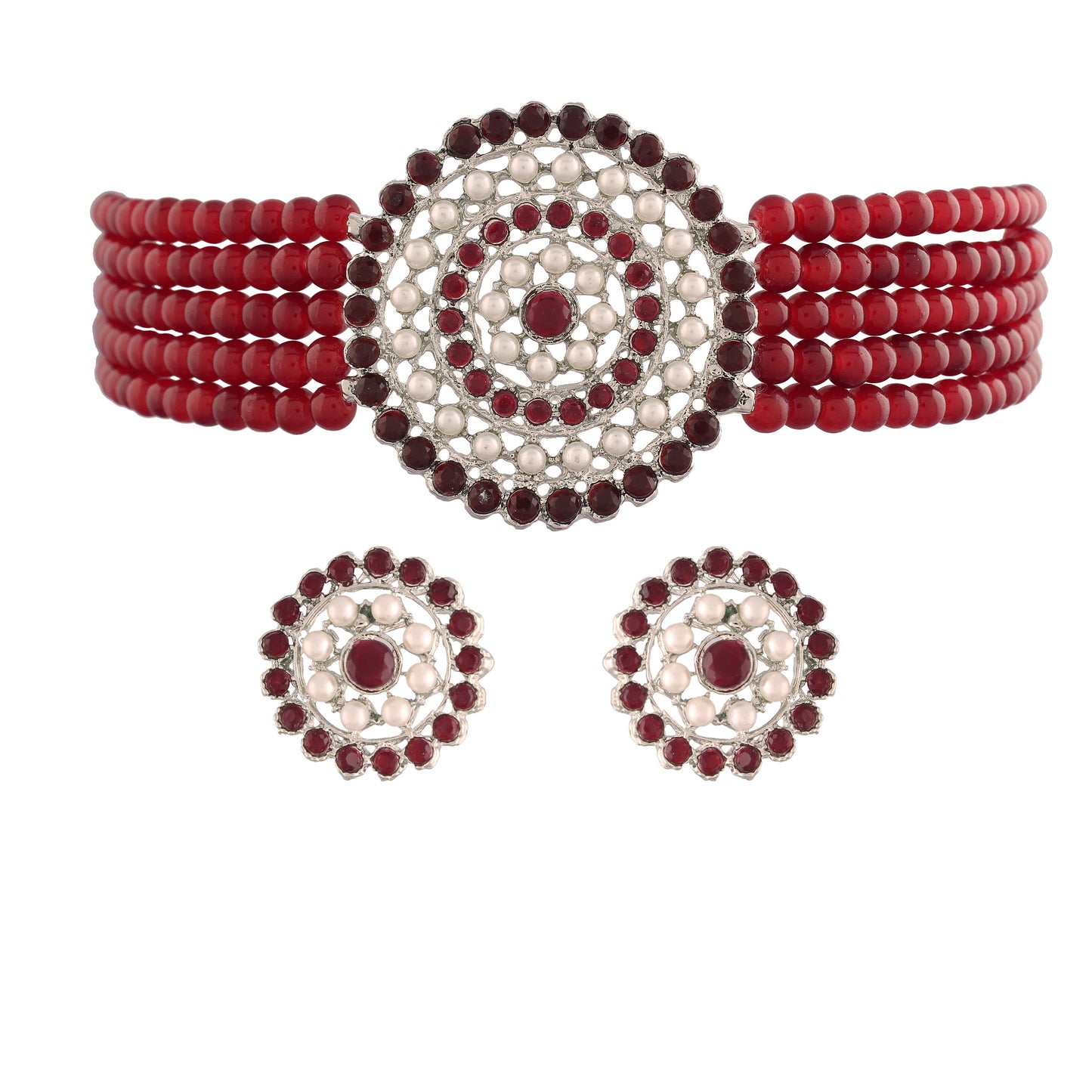 Women's Rhodium Plated Maroon Ethnic Light Weight Pearl Beaded Choker Necklace Set