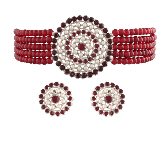 Women's Rhodium Plated Maroon Ethnic Light Weight Pearl Beaded Choker Necklace Set