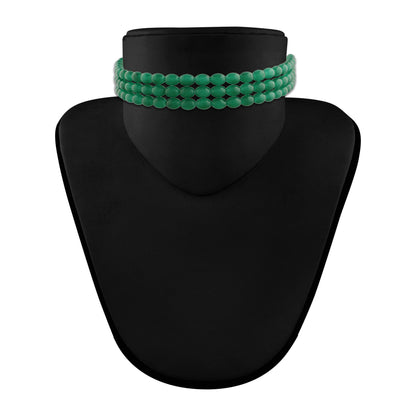 Women's Gold Plated Green Handcrafted 3 Layer Light Weighted Emerald Pearl Choker Necklace Set