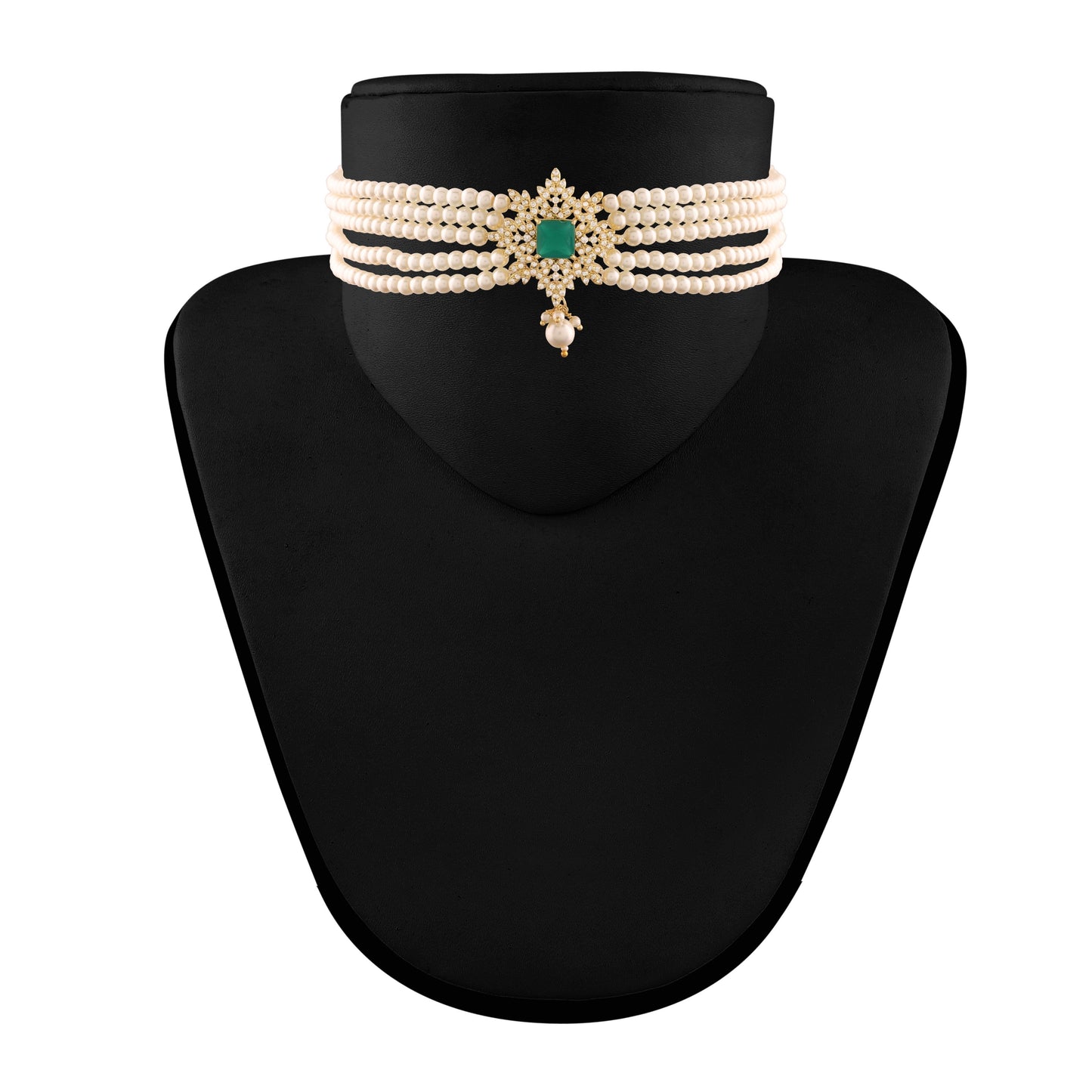 Women's Gold PlatedGreen CZ Crystal with Pearl Choker Necklace Set