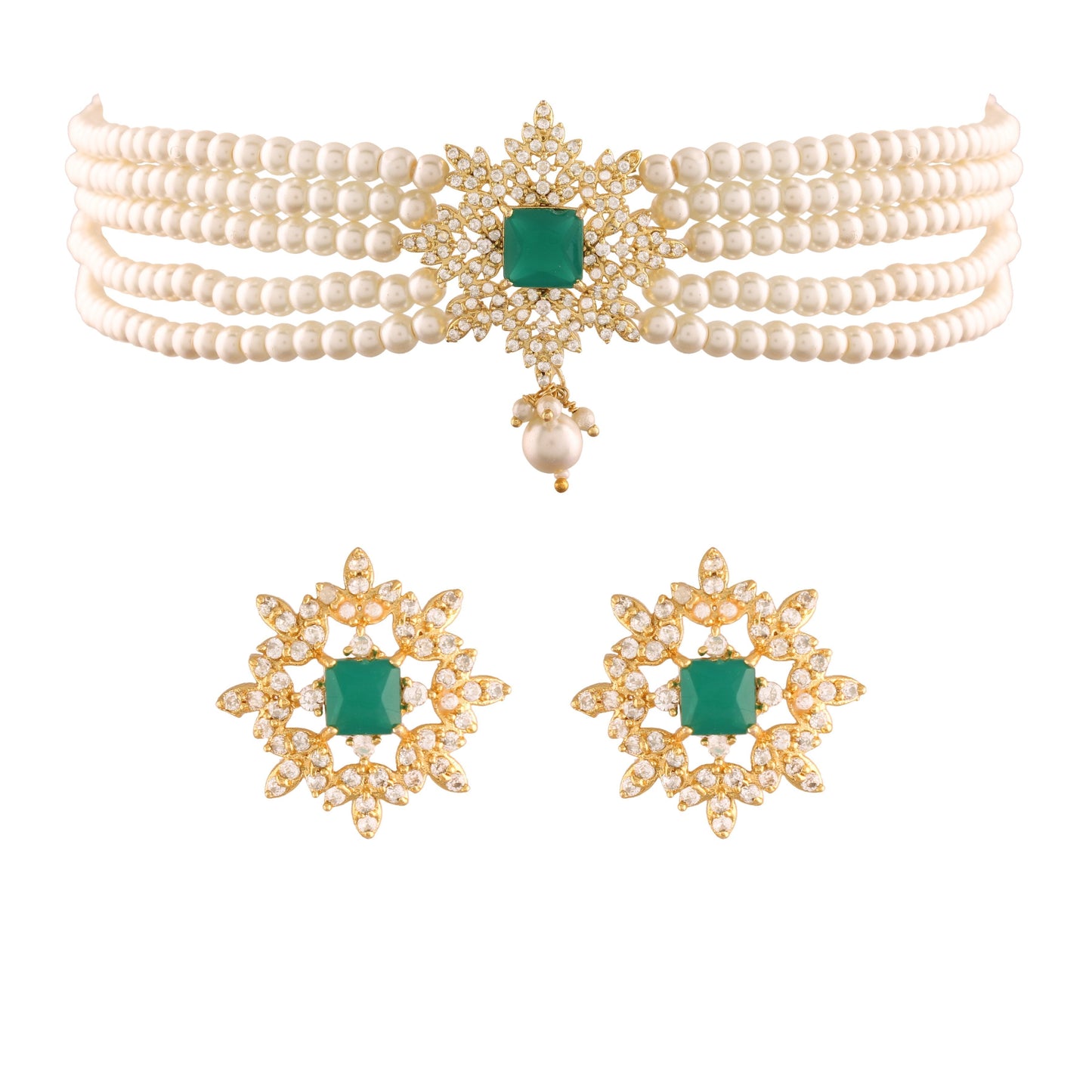 Women's Gold PlatedGreen CZ Crystal with Pearl Choker Necklace Set