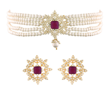 Women's Gold Plated Dark Pink CZ Crystal with Pearl Choker Necklace Set