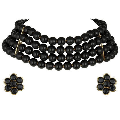 Women's 18k Gold Plated Black Pearl Beaded Choker Set