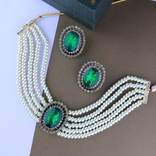 Women's Gold Plated Traditional Green Stone Studded Pearl Choker Necklace Jewellery Set