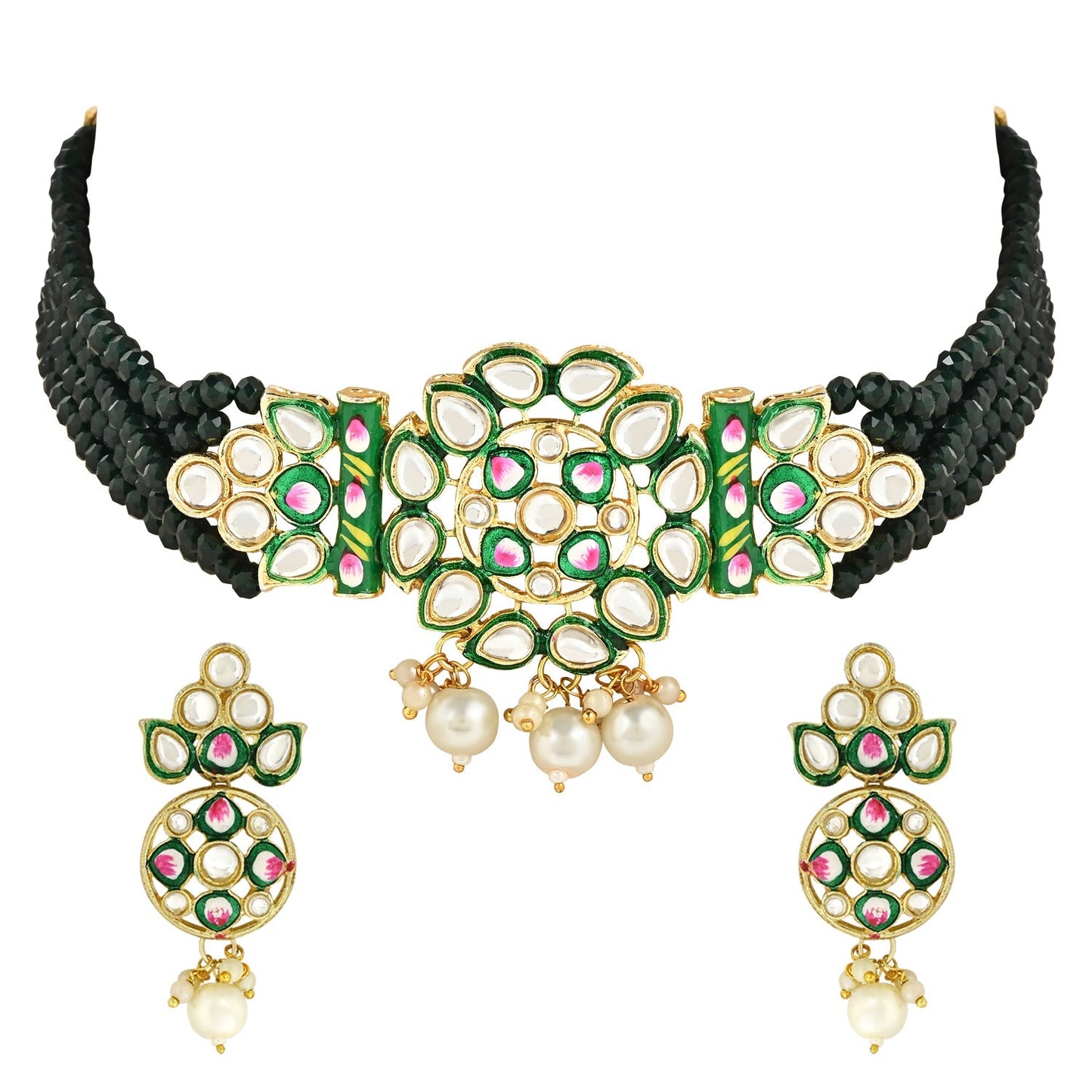 Women's Gold Plated Traditional Pearl Kundan Studded Meenakari Choker Necklace With Earring Set