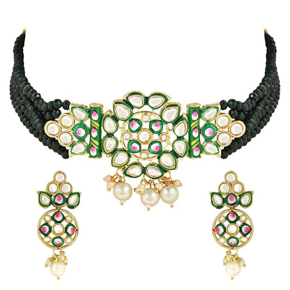 Women's Gold Plated Traditional Pearl Kundan Studded Meenakari Choker Necklace With Earring Set