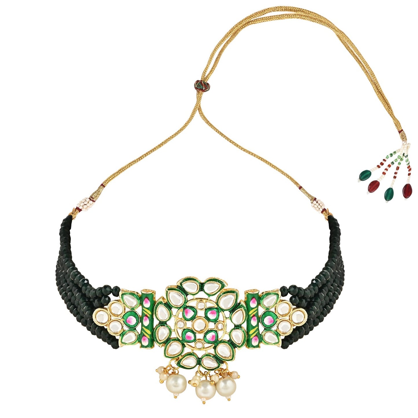 Women's Gold Plated Traditional Pearl Kundan Studded Meenakari Choker Necklace With Earring Set