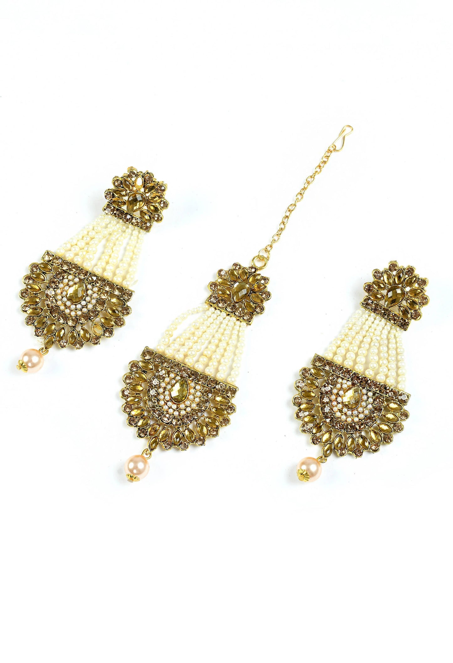 Golden Kundan & Pearls Earrings with Tikka Jker_107