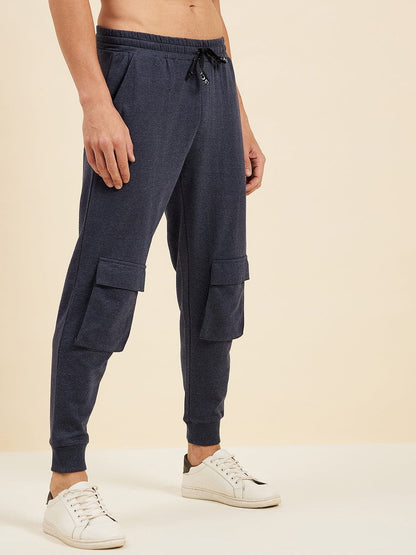 Men's Blue Melange Pocket Detail Joggers - LYUSH-MASCLN