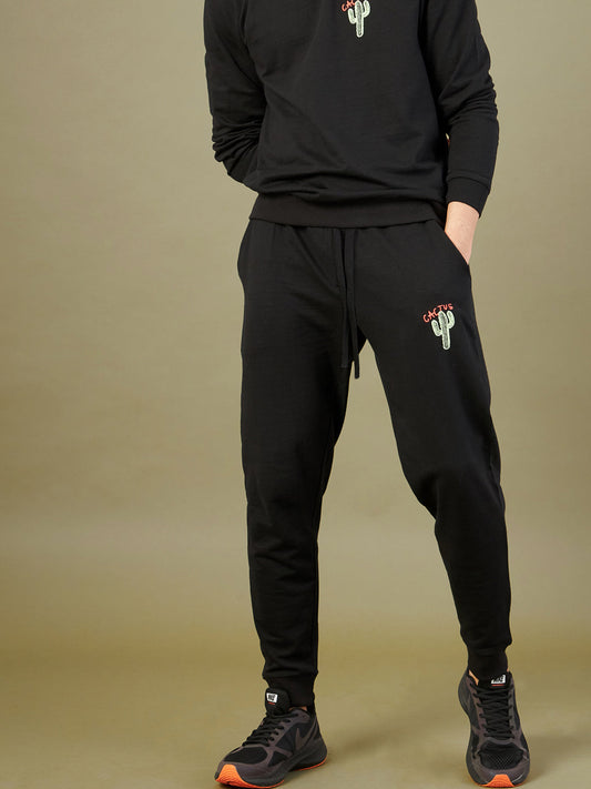 Men's Black Cactus Embroidery Joggers - LYUSH-MASCLN