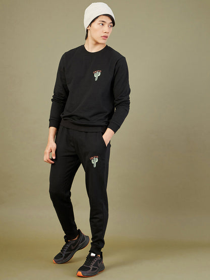 Men's Black Cactus Embroidery Joggers - LYUSH-MASCLN