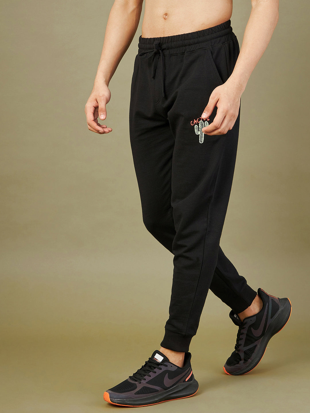 Men's Black Cactus Embroidery Joggers - LYUSH-MASCLN