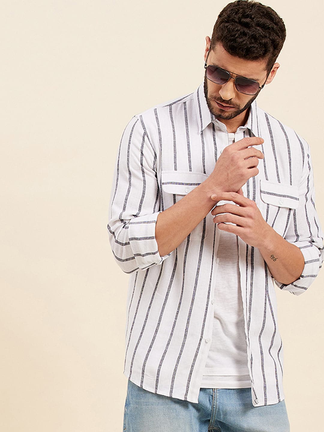 Men's White & Grey Breton Stripes Flap Pocket Shirt - LYUSH-MASCLN