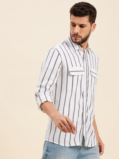 Men's White & Grey Breton Stripes Flap Pocket Shirt - LYUSH-MASCLN