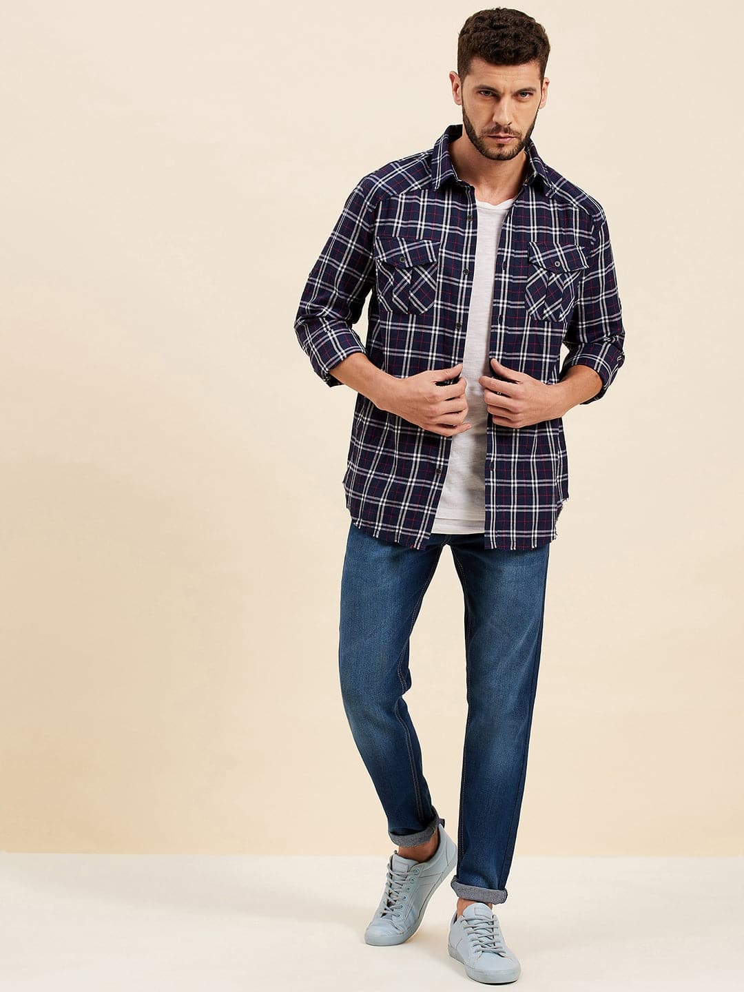 Men's Navy & White Check Shoulder Yoke Regular Shirt - LYUSH-MASCLN