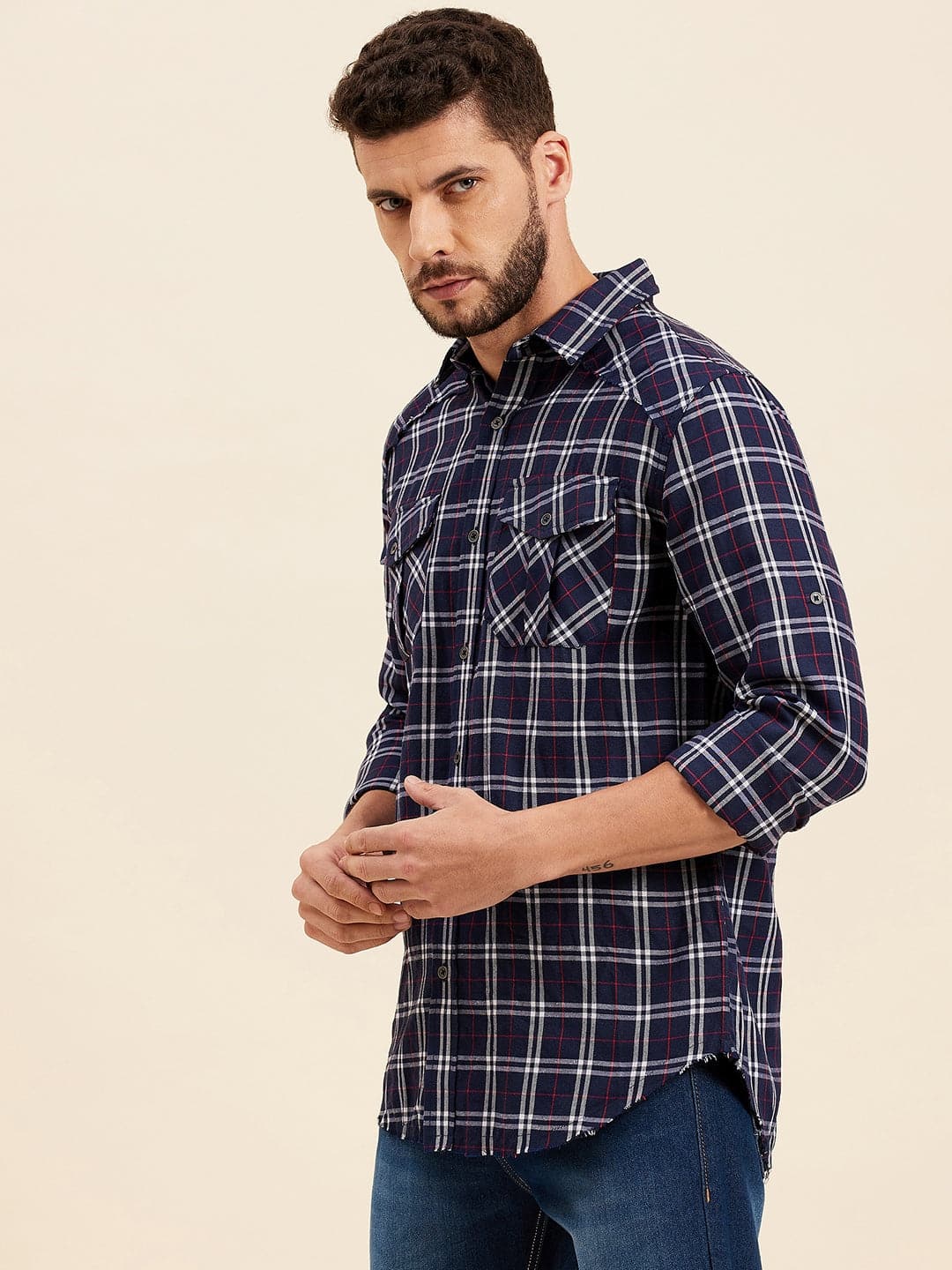 Men's Navy & White Check Shoulder Yoke Regular Shirt - LYUSH-MASCLN