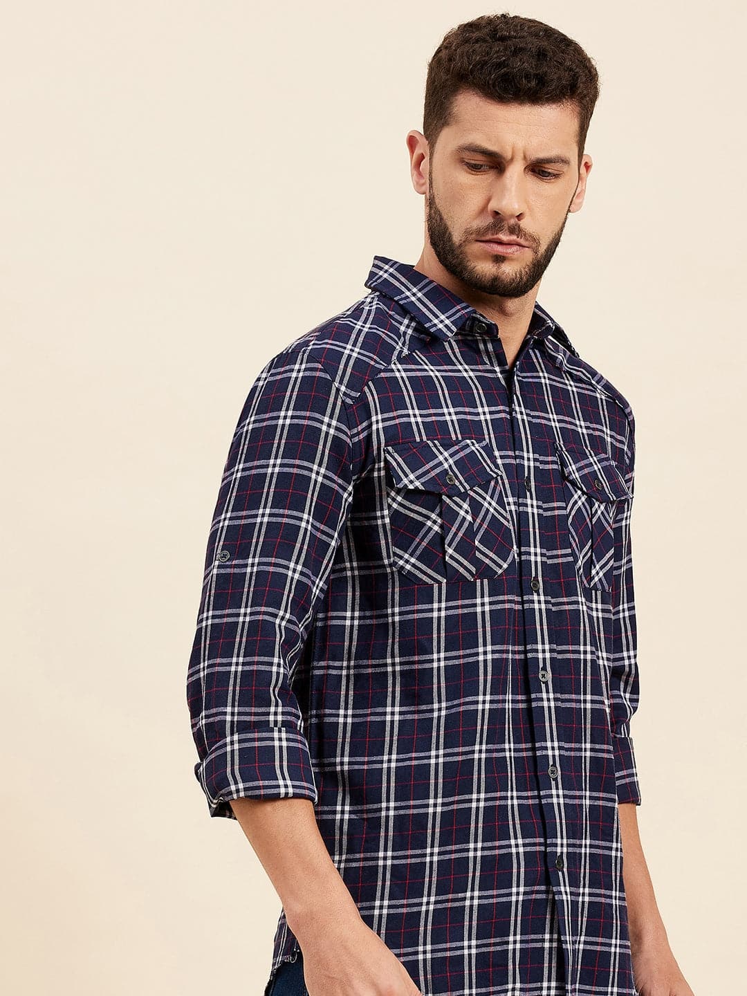 Men's Navy & White Check Shoulder Yoke Regular Shirt - LYUSH-MASCLN