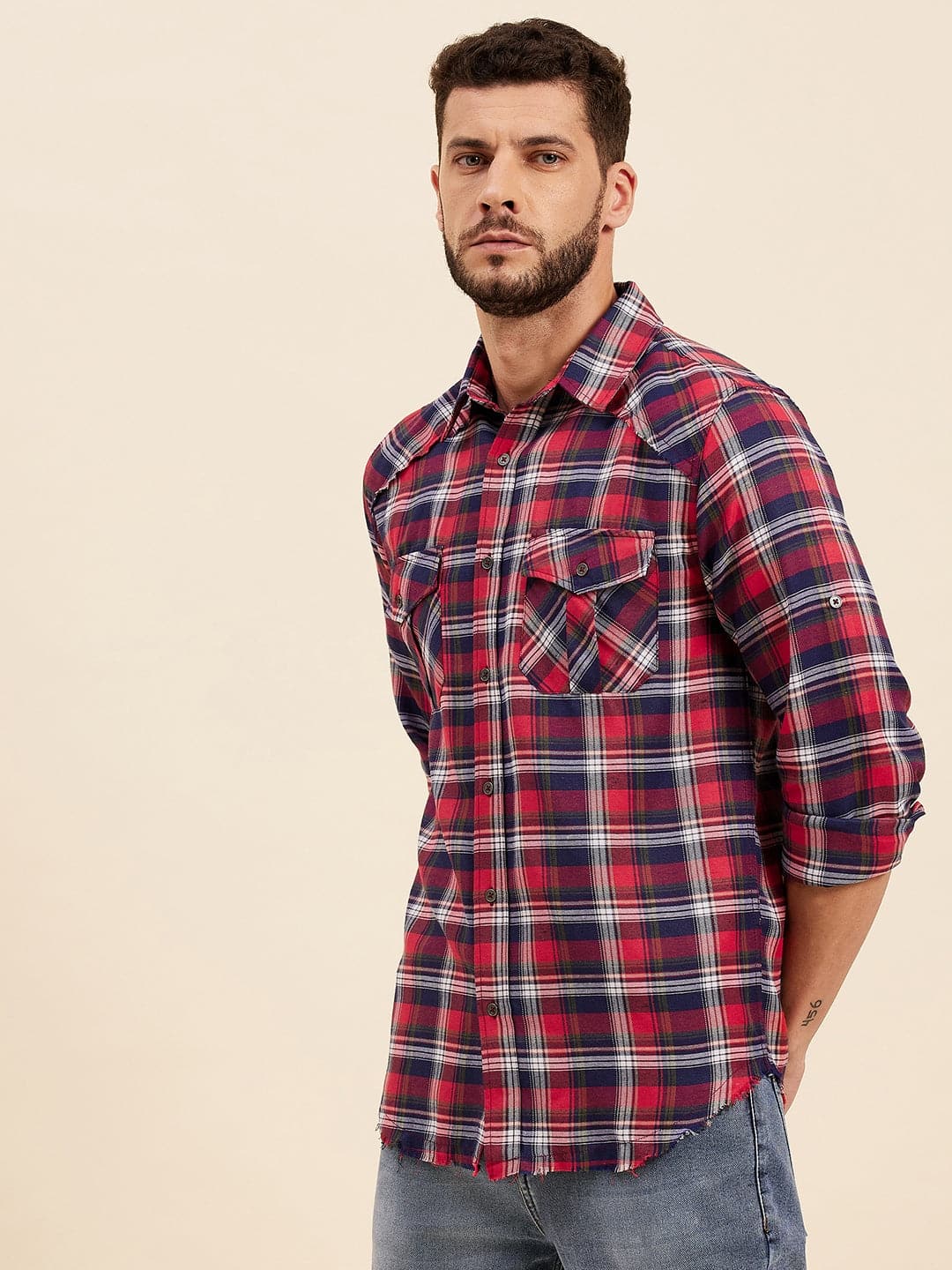 Men's Red & Navy Check Shoulder Yoke Regular Shirt - LYUSH-MASCLN