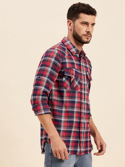 Men's Red & Navy Check Shoulder Yoke Regular Shirt - LYUSH-MASCLN