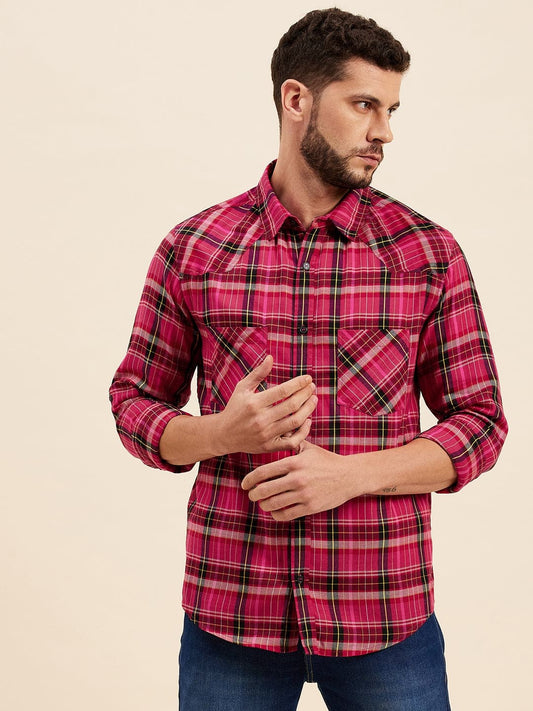 Men's Fuchsia Check Regular Shirt - LYUSH-MASCLN