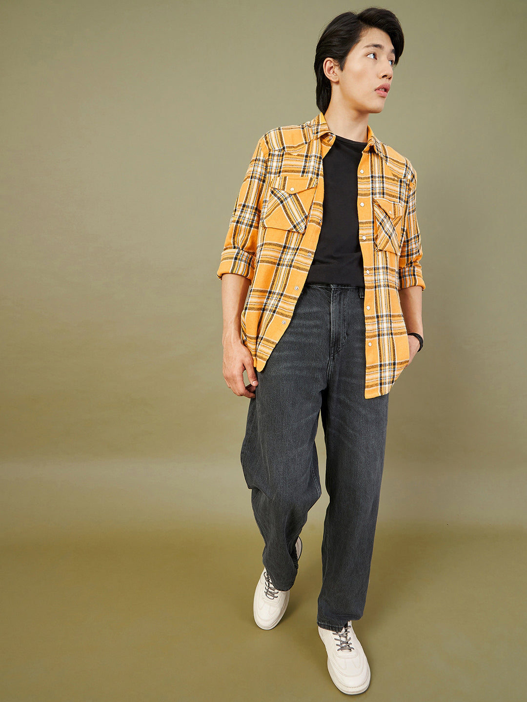 Men's Yellow & White Check Oversized Shirt - LYUSH-MASCLN