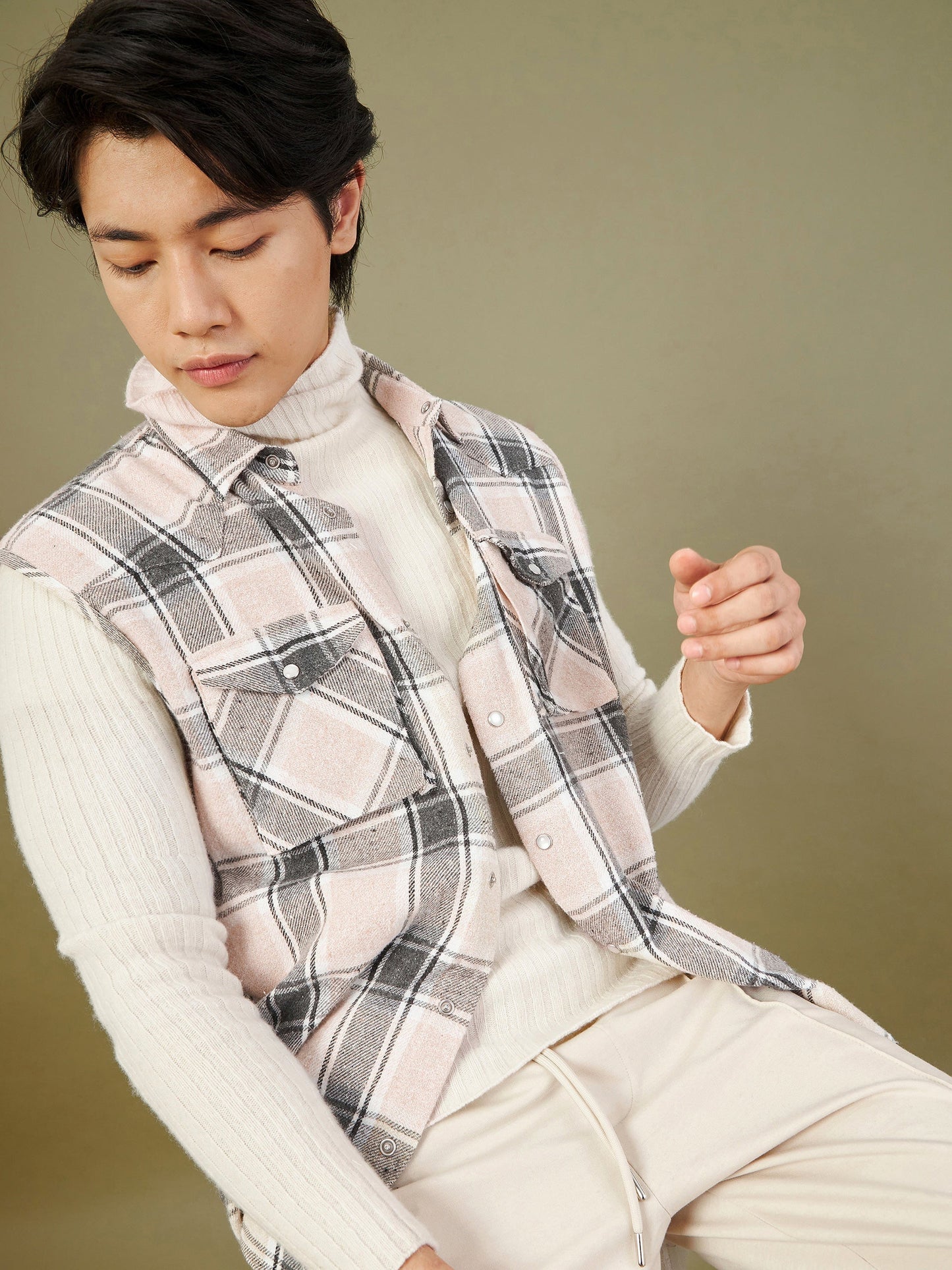 Men's Beige & Grey Check Sleeveless Shirt - LYUSH-MASCLN