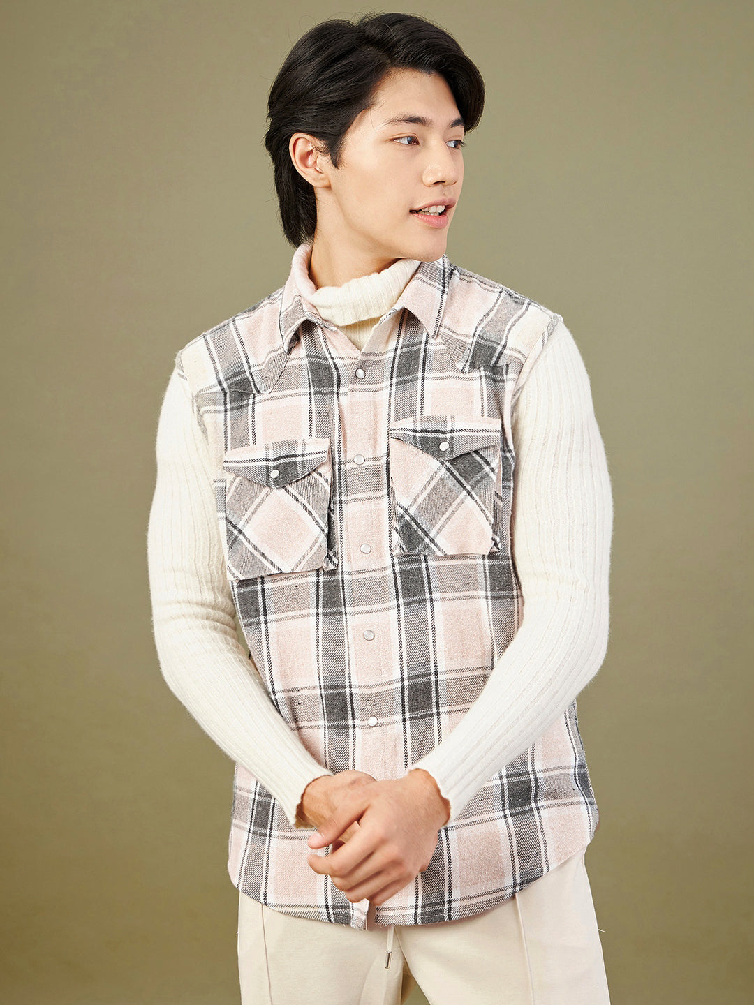 Men's Beige & Grey Check Sleeveless Shirt - LYUSH-MASCLN