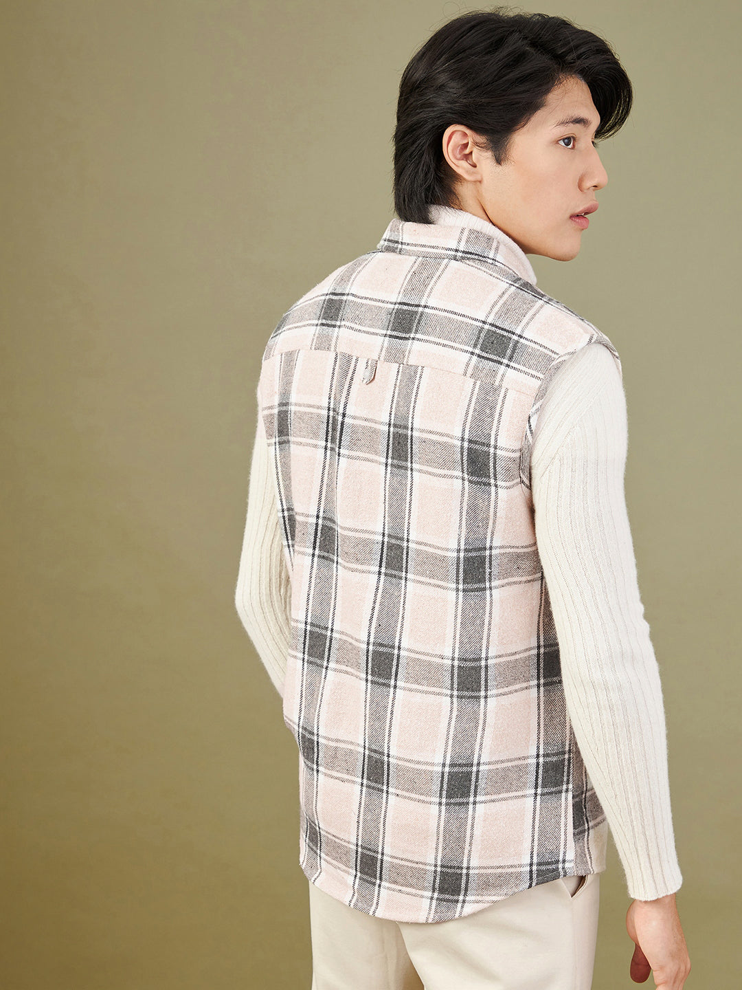 Men's Beige & Grey Check Sleeveless Shirt - LYUSH-MASCLN