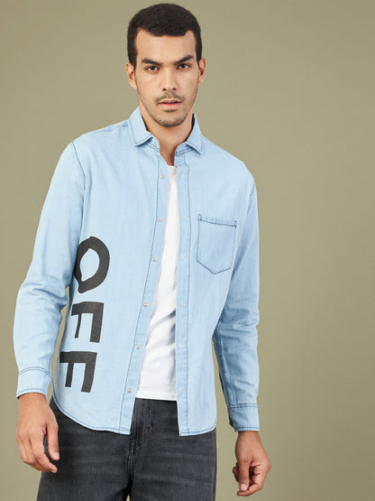 Men's Ice Blue Tencel OFF Printed Regular Shirt - LYUSH-MASCLN