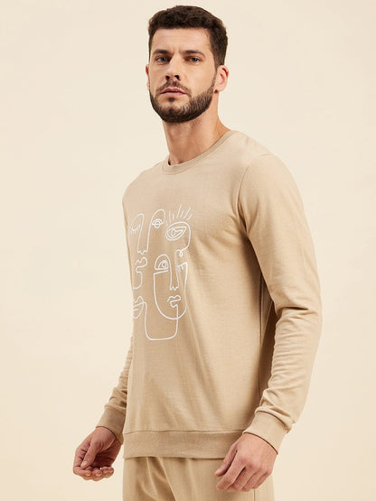 Men's Beige Line Printed Sweatshirt - LYUSH-MASCLN