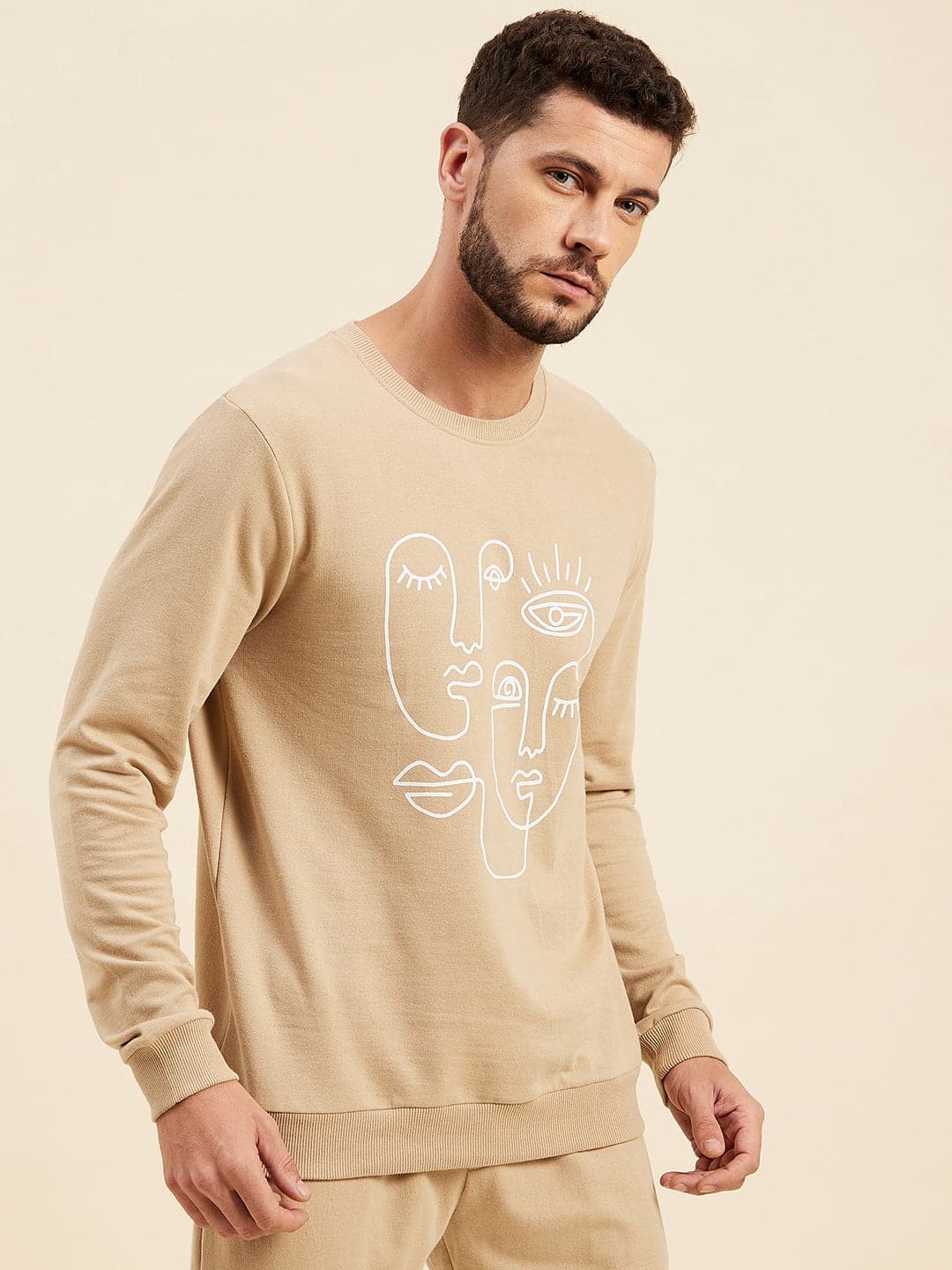 Men's Beige Line Printed Sweatshirt - LYUSH-MASCLN