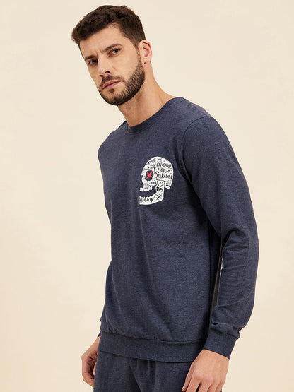 Men's Blue Melange Skull Print Sweatshirt - LYUSH-MASCLN