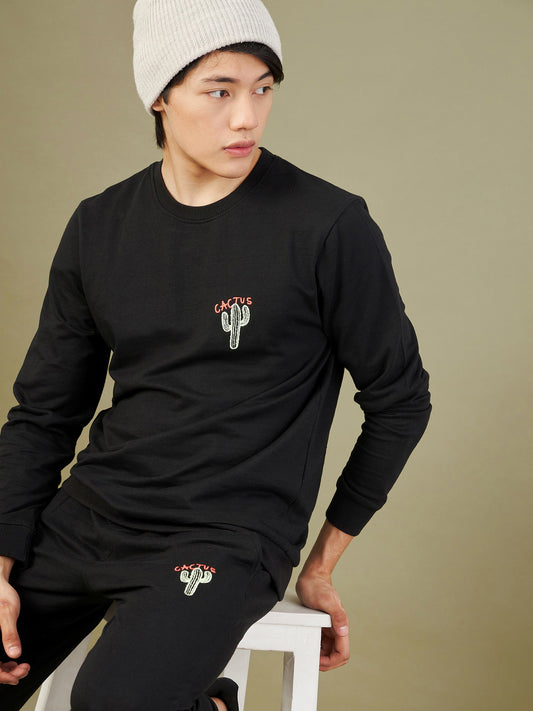 Men's Black Cactus Embroidery Sweatshirt - LYUSH-MASCLN