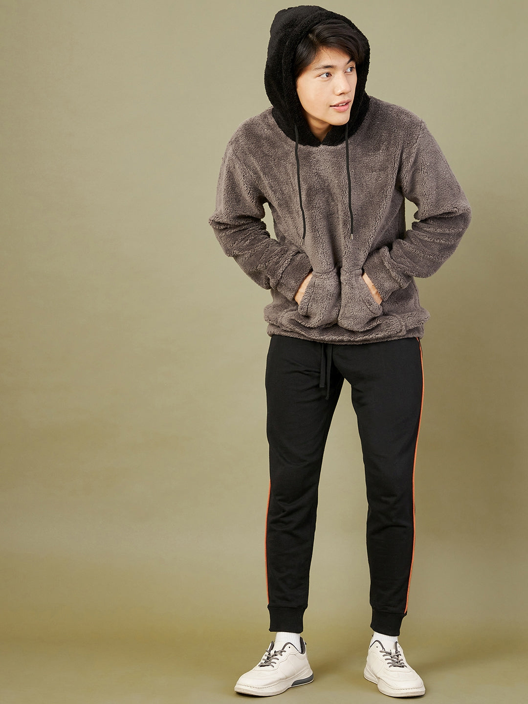 Men's Charcoal Grey Fur Colorblock Hoodie - LYUSH-MASCLN