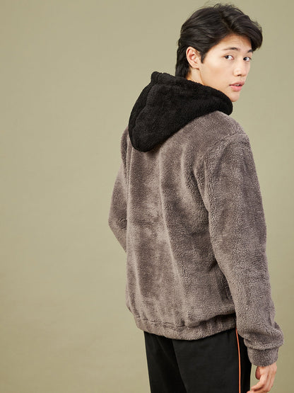 Men's Charcoal Grey Fur Colorblock Hoodie - LYUSH-MASCLN