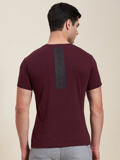 Men's Burgundy Slim Fit Back Printed MASCLN Logo T-Shirt - LYUSH-MASCLN