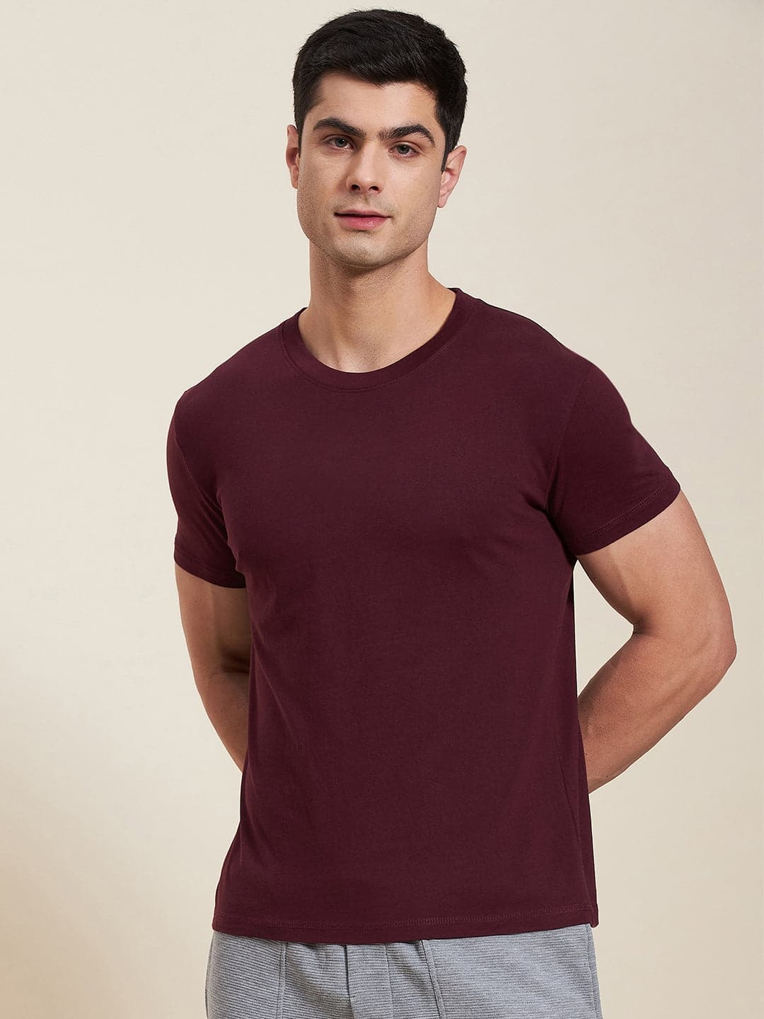 Men's Burgundy Slim Fit Back Printed MASCLN Logo T-Shirt - LYUSH-MASCLN