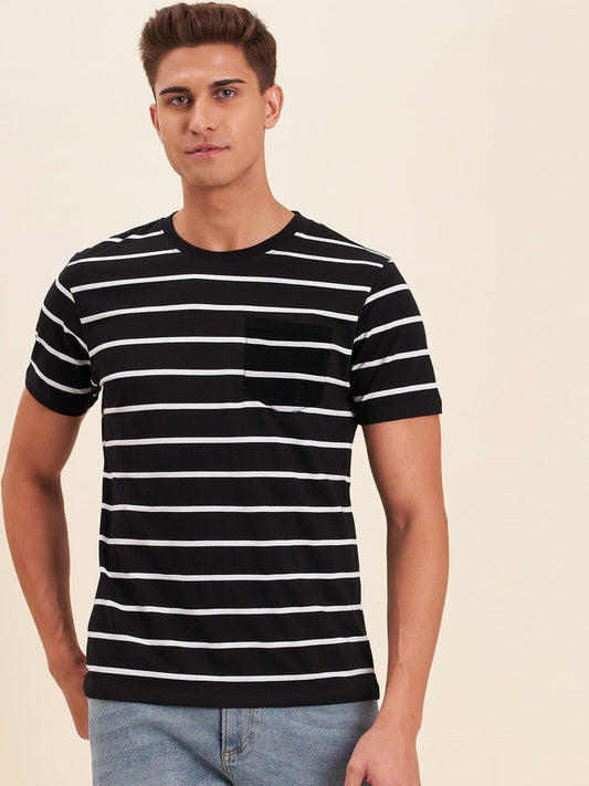 Men's Black & White Stripes Pocket Cotton T-Shirt - LYUSH-MASCLN