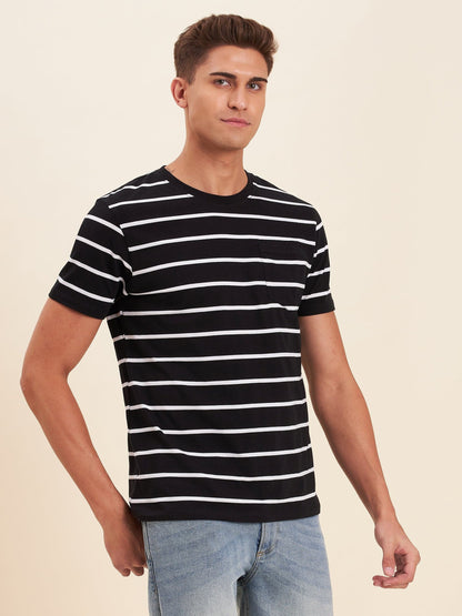 Men's Black & White Stripes Pocket Cotton T-Shirt - LYUSH-MASCLN