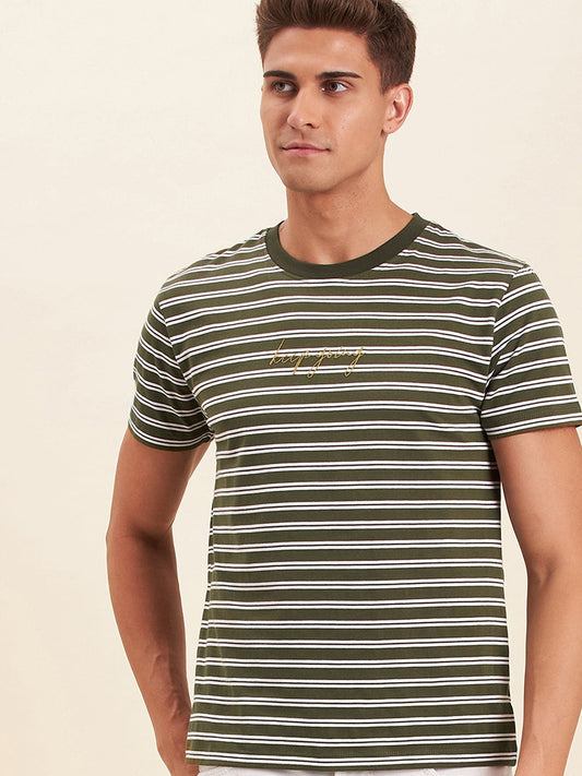 Men's Olive & White Stripes Embroidered Cotton T-Shirt - LYUSH-MASCLN