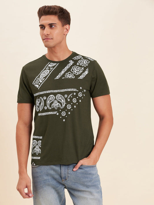 Men's Olive Viscose Motif Print T-Shirt - LYUSH-MASCLN