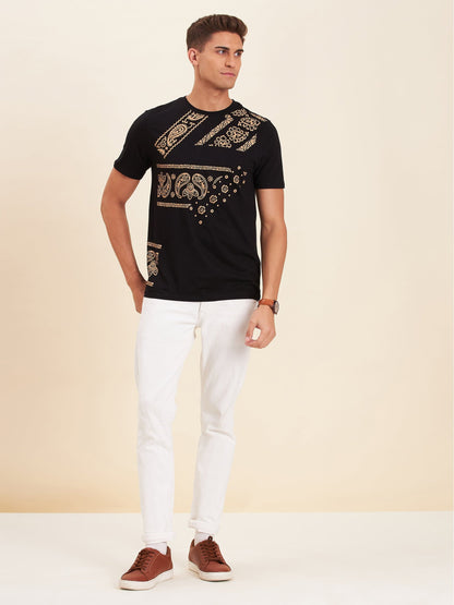 Men's Black Viscose Motif Print T-Shirt - LYUSH-MASCLN