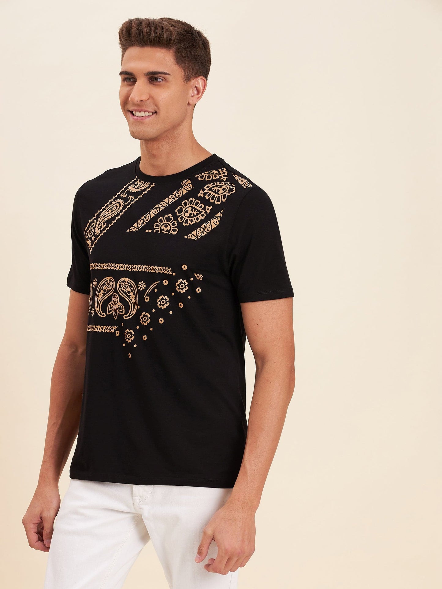 Men's Black Viscose Motif Print T-Shirt - LYUSH-MASCLN