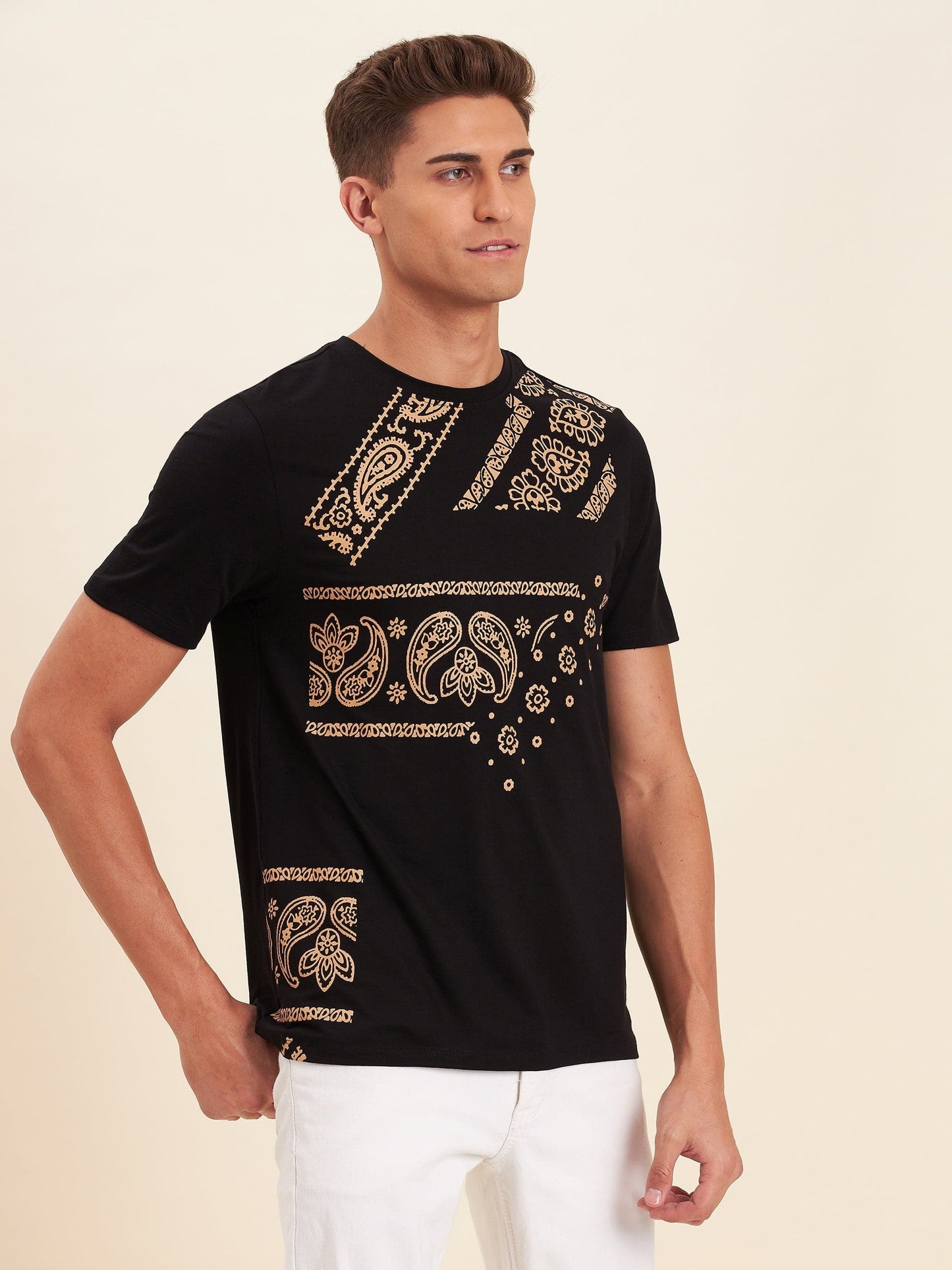 Men's Black Viscose Motif Print T-Shirt - LYUSH-MASCLN