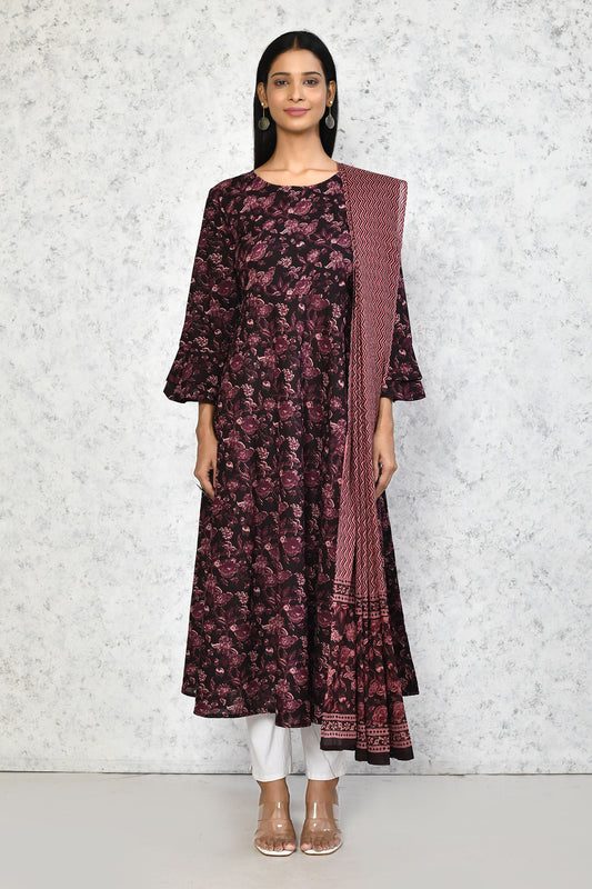 Women's Stunning Maroon Bell Sleeve Floral Printed Anarkali Kurta Dupatta