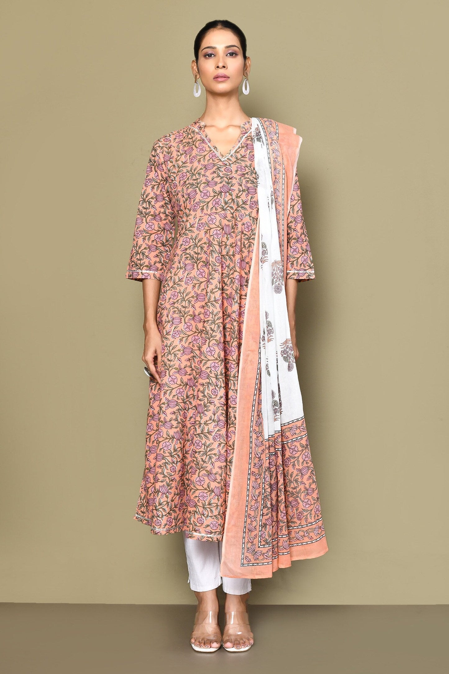 Women's Surpassing Orange Partywear Floral Printed Anarkali Kurta Dupatta 