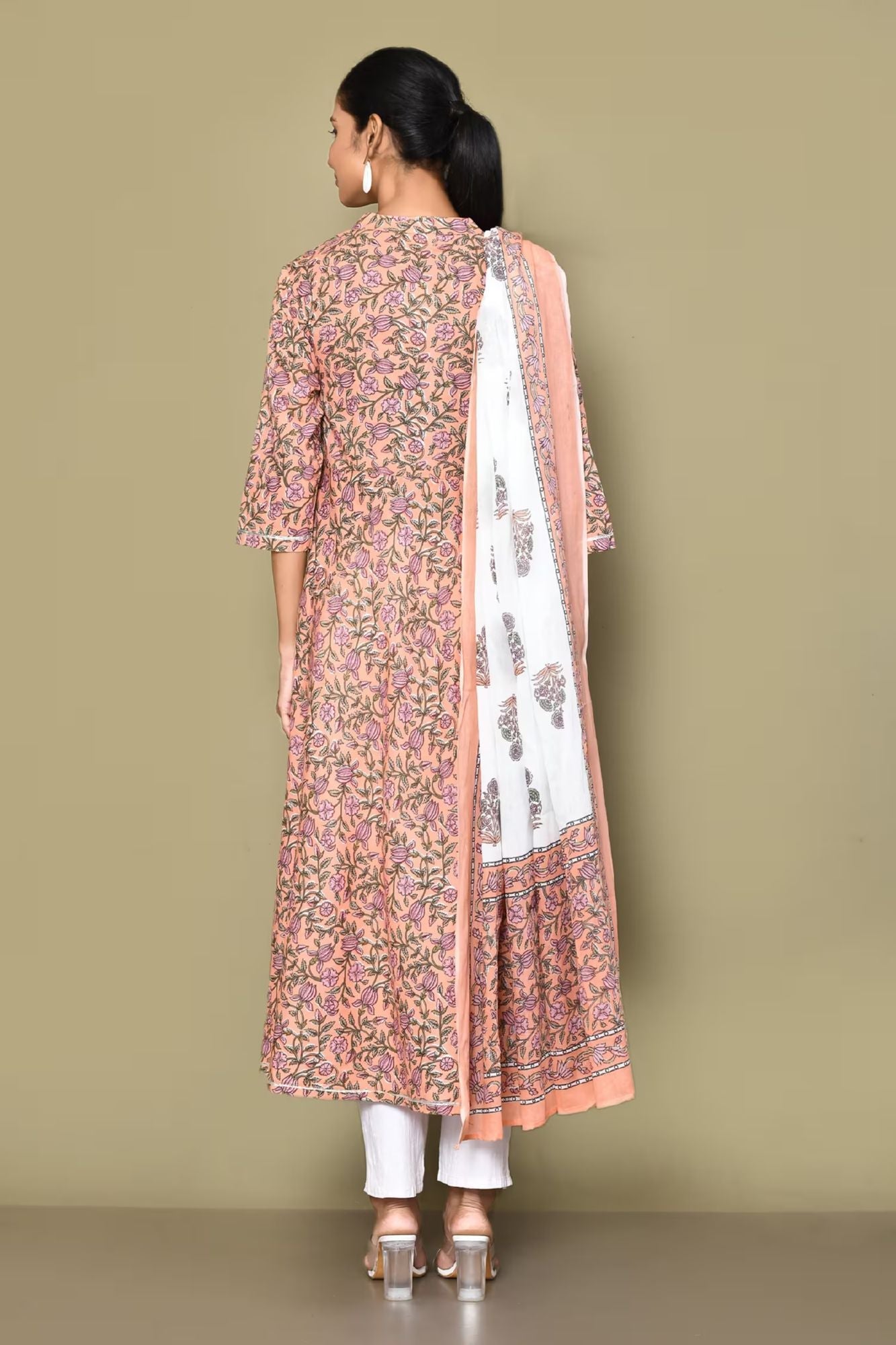 Women's Surpassing Orange Partywear Floral Printed Anarkali Kurta Dupatta 