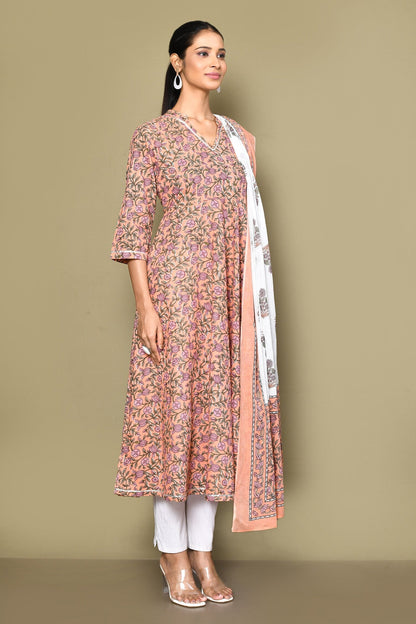 Women's Surpassing Orange Partywear Floral Printed Anarkali Kurta Dupatta 